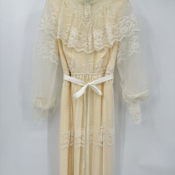 vintage 70s WEDDING DRESS bridal lace victorian boho ivory off white maxi M L - Picture 6 of 13